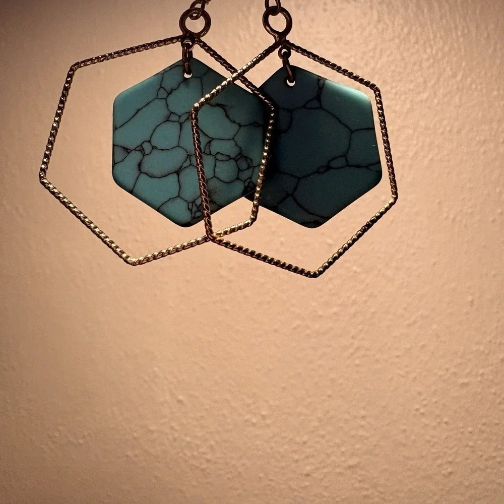 Gold Tone Turquoise Hexagon Dangle Drop Earrings
